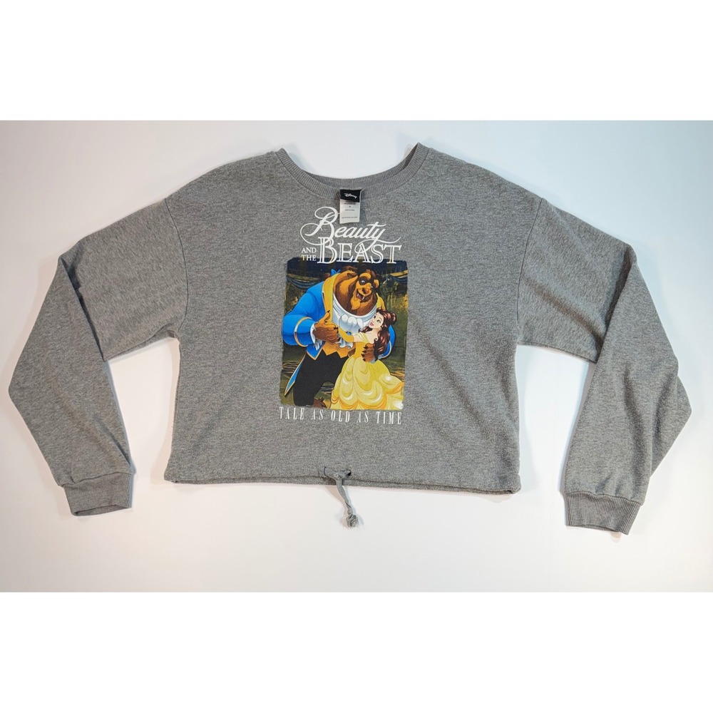 Disney Beauty and the Beast Cropped Sweatshirt Gray Graphic Belle Tale As Old M